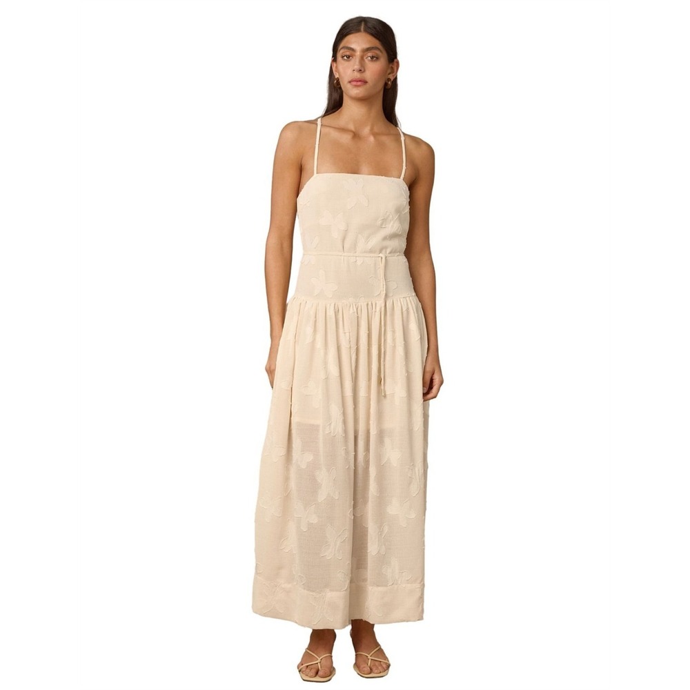 Mon Renn Capricorn Midi Dress Beige Floral Textured Strappy Back Tie Size M NWOT
